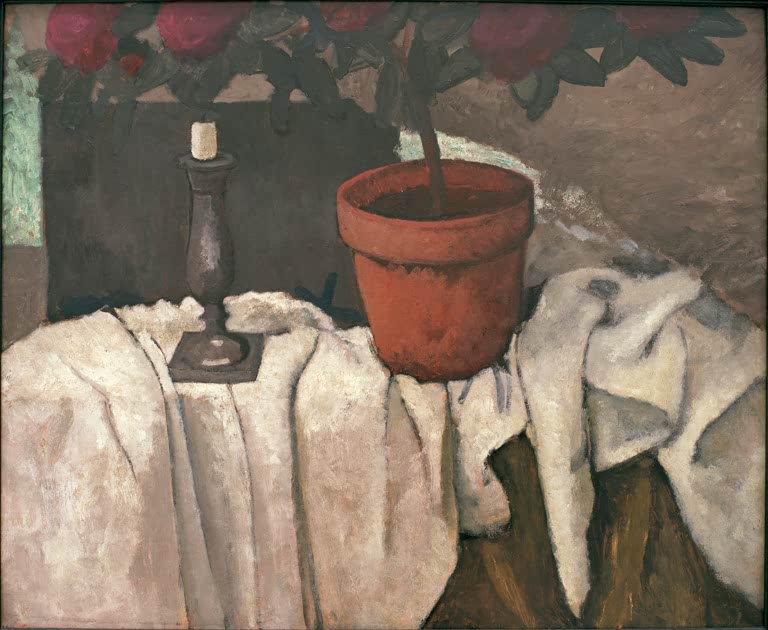 Kunstdruck von „Stilleben mit Rhododendron“ von Paula Modersohn-Becker. Ausdrucksstarkes Blumenstillleben mit harmonischer Farbgebung, in Deutschland handgefertigt.