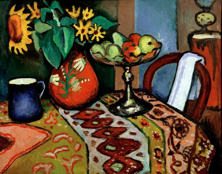 Kunstdruck des Gemäldes „Stilleben mit Sonnenblumen I“ von August Macke. Hochwertig in Deutschland von Hand gefertigt, erhältlich als Leinwand oder Poster und optional gerahmt.