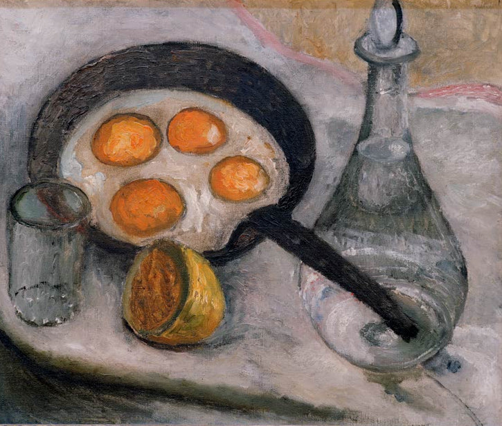 Kunstdruck von „Stilleben mit Spiegeleiern“ von Paula Modersohn-Becker. Ausdrucksstarkes Stillleben mit harmonischer Komposition und charakteristischer Farbgebung, in Deutschland handgefertigt.