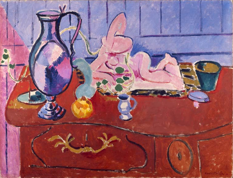 Kunstdruck „Stilleben mit Zinnkrug“ von Henri Matisse mit farbenfroher Stilllebendarstellung