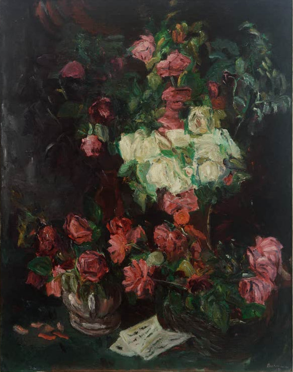 Kunstdruck „Stilleben mit roten Rosen“ von Max Beckmann mit roten Rosen in einer expressiven Stillleben-Komposition

