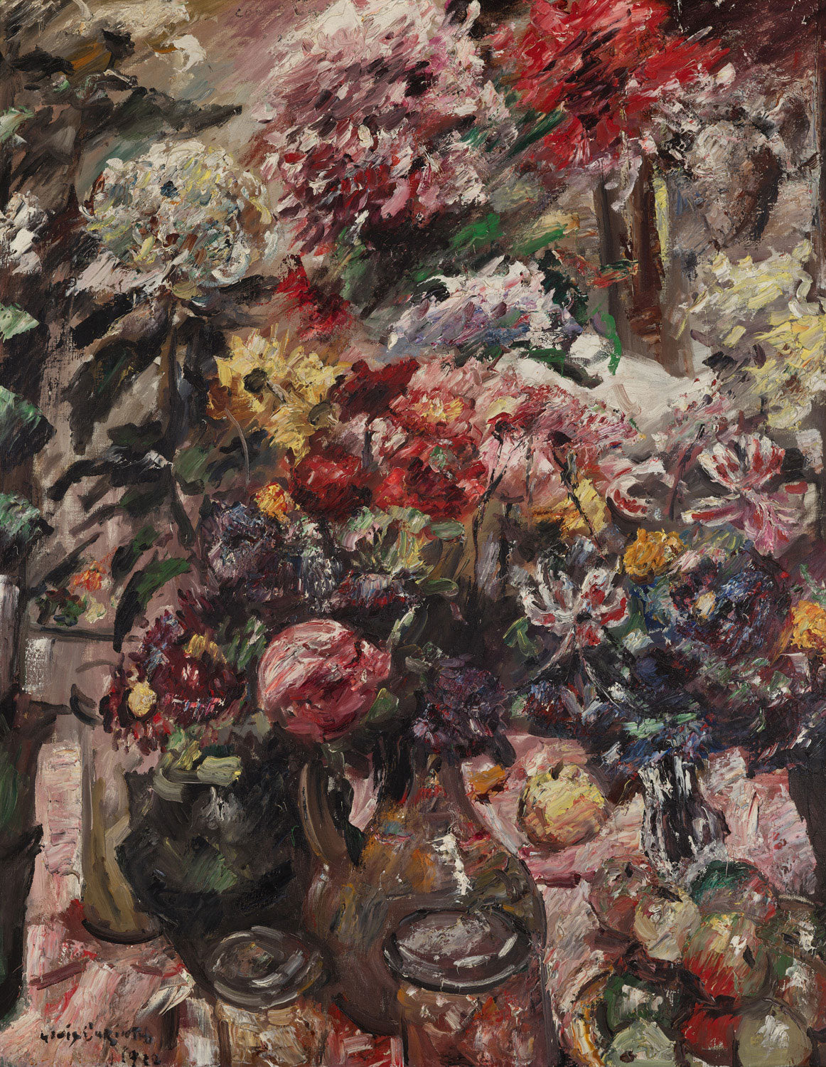 Stillleben mit Chrysanthemen und Amaryllis von Lovis Corinth: Ein lebendiges Stillleben mit detailliert dargestellten Chrysanthemen und Amaryllis, typisch für den Expressionismus.