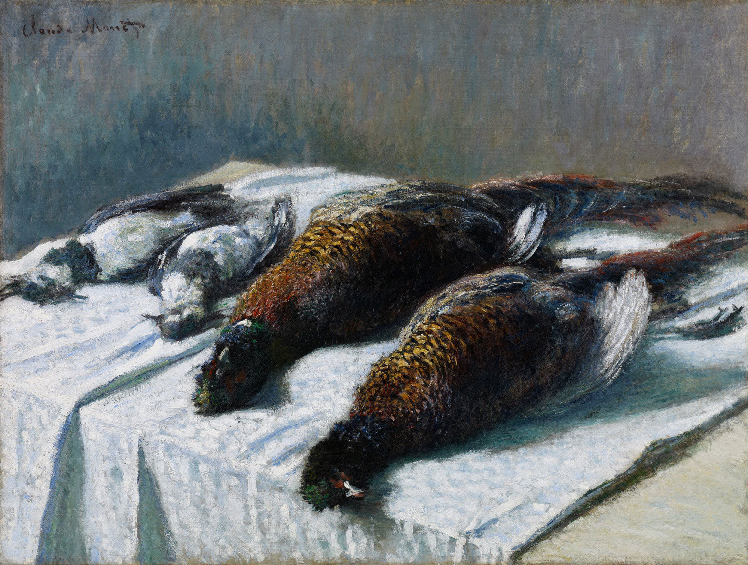 Stillleben Stillleben mit Fasanen und Regenpfeifern von Claude Monet mit Jagdvögeln, detailreichen Texturen und natürlichen Farbtönen.