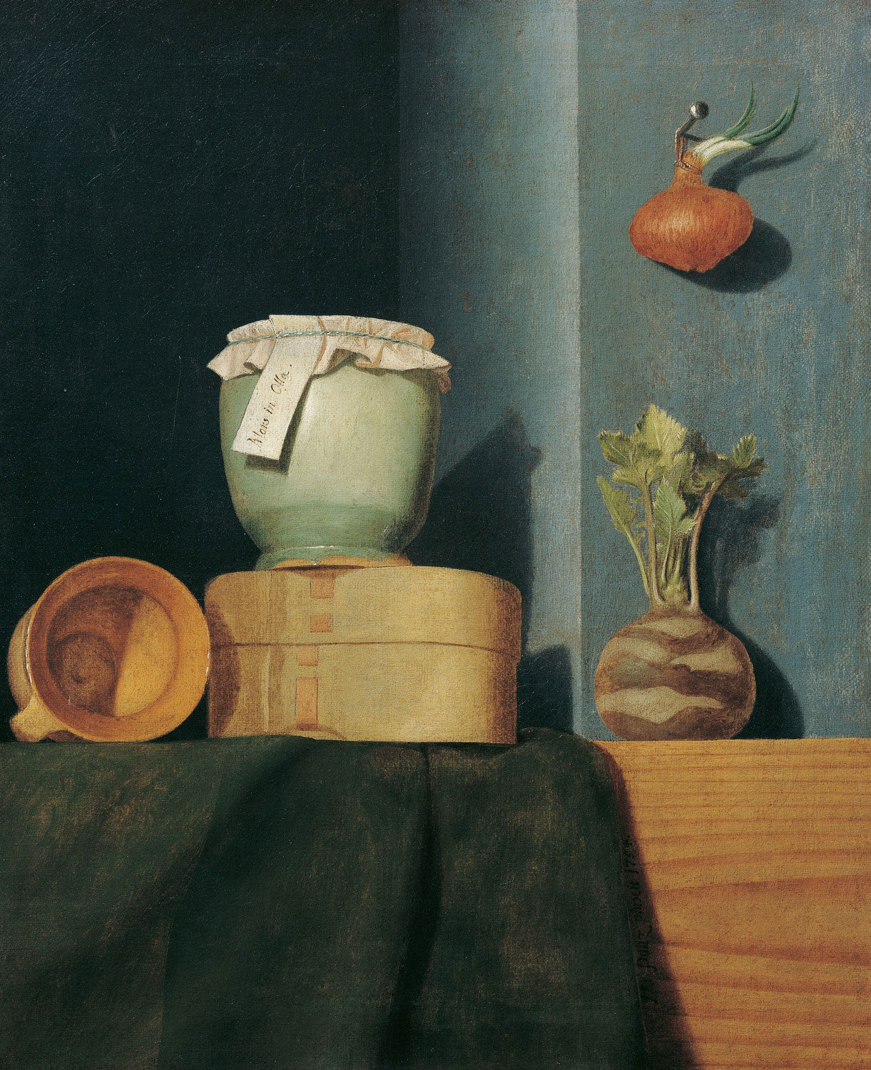 Stillleben mit Küchengeschirr, Zwiebel und Kohlrabi von Anna Maria Punz, Biedermeier-Gemälde mit detailreicher Darstellung alltäglicher Objekte.