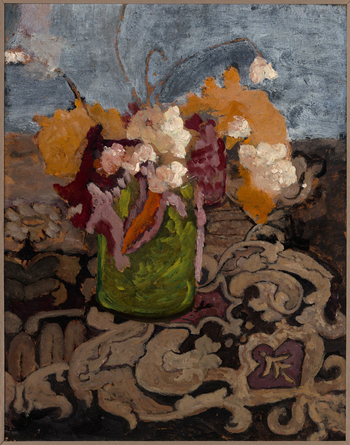 Ein Stillleben von Paula Modersohn-Becker zeigt eine schlichte grüne Vase mit zarten, blühenden Blumen. Die Szene ist in warmen Erdtönen gehalten, expressionistischen Pinselstrichen. Die reduzierte Farbpalette und klare Komposition verleihen dem Gemälde eine ruhige, harmonische Ausstrahlung.