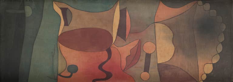 Kunstdruck „Stillleben in Breite“ von Paul Klee mit abstrakter Komposition aus geometrischen Formen und farbigen Flächen


