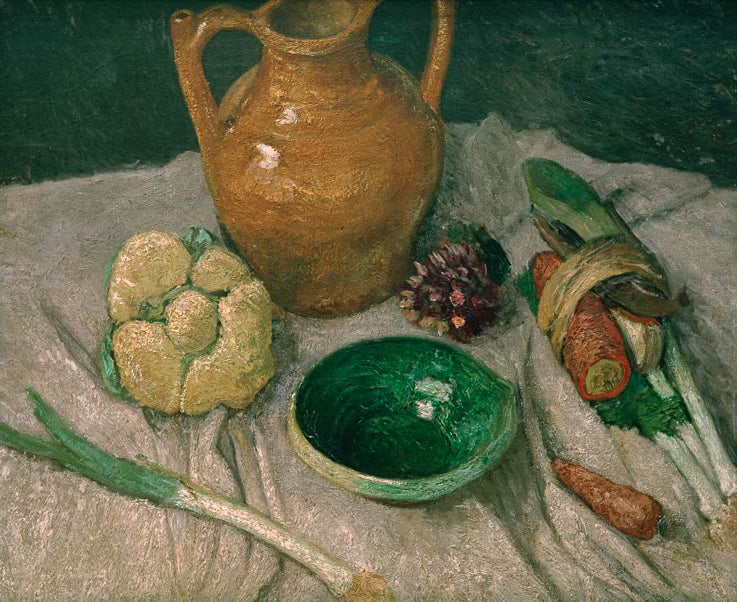 Kunstdruck des Gemäldes Stillleben mit Gemüse und irdenem Geschirr von Paula Modersohn-Becker mit verschiedenen Gemüsesorten und rustikalem Geschirr.