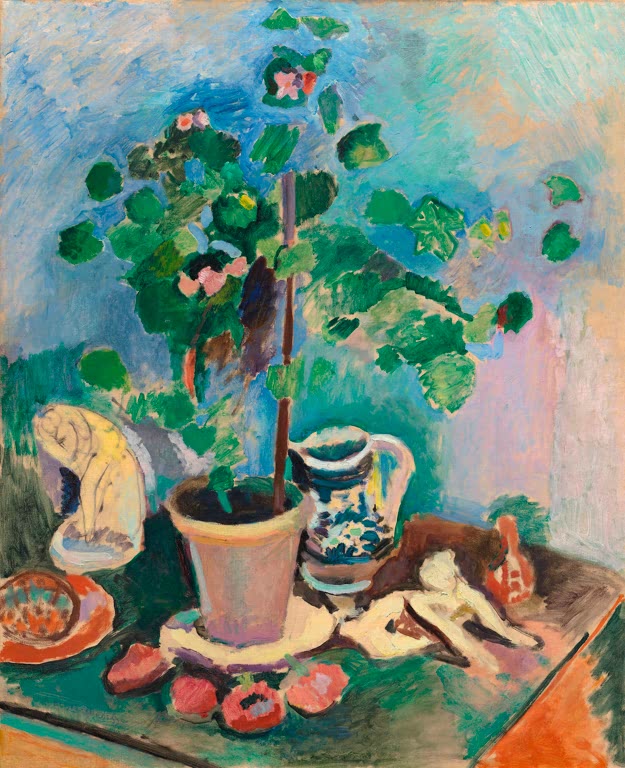 Kunstdruck von Henri Matisse: Stillleben mit einer Geranie in einer farbenfrohen, dekorativen Komposition.