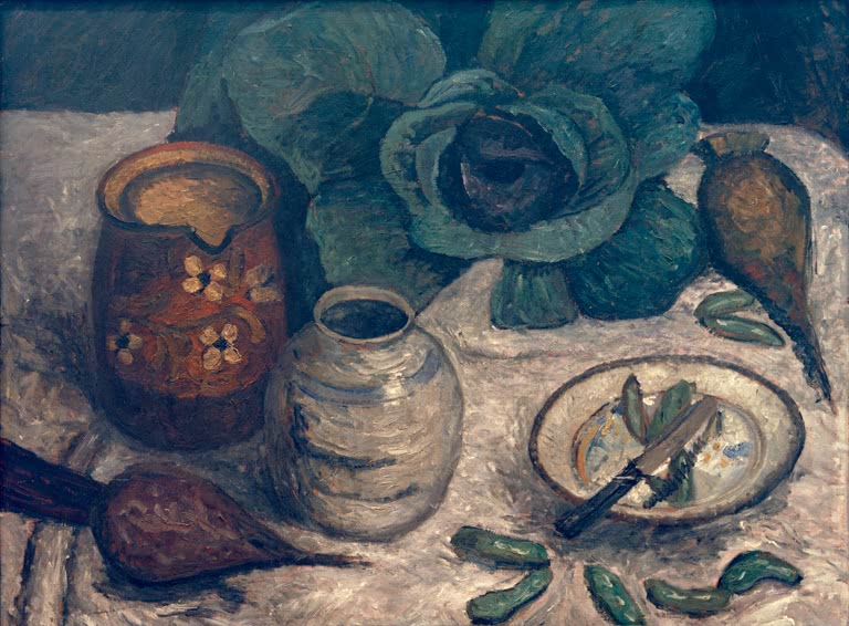 Kunstdruck „Stillleben mit Kohl und Rüben“ von Paula Modersohn-Becker mit Gemüse in klarer, moderner Komposition