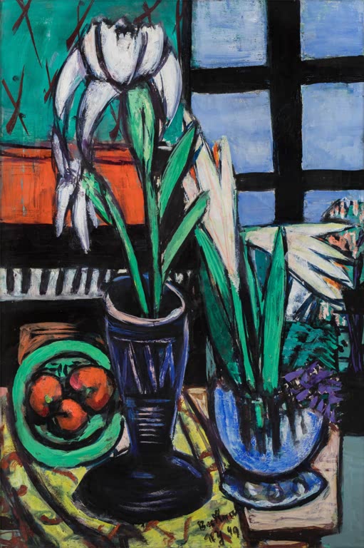 Kunstdruck „Stillleben mit Lilien“ von Max Beckmann mit Lilien in einer expressiven Stillleben-Komposition

