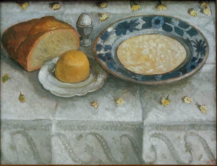 Kunstdruck von „Stillleben mit Milchsatte“ von Paula Modersohn-Becker. Ausdrucksstarkes Stillleben mit ländlichem Motiv und harmonischer Farbgebung, in Deutschland handgefertigt.
