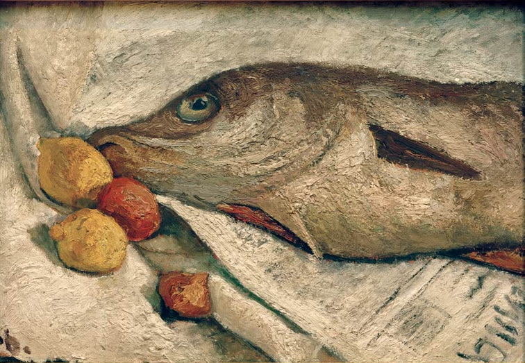 Kunstdruck von „Stillleben mit Schellfisch“ von Paula Modersohn-Becker. Ausdrucksstarkes Stillleben mit Fisch und harmonischer Farbgebung, in Deutschland handgefertigt.