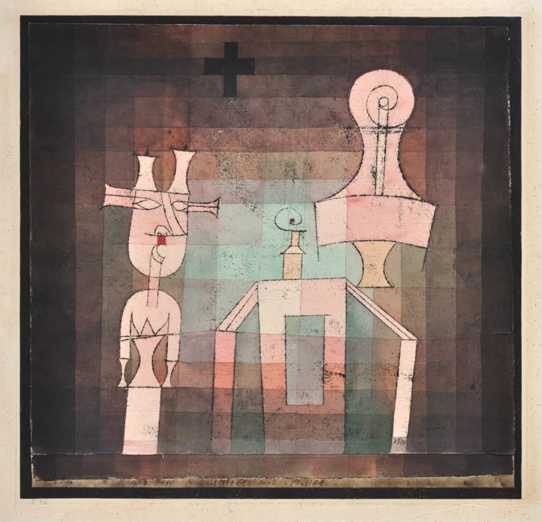 Kunstdruck „Stillleben mit Skulpturen“ von Paul Klee mit abstrakten Skulpturen und charakteristischer Farbgestaltung