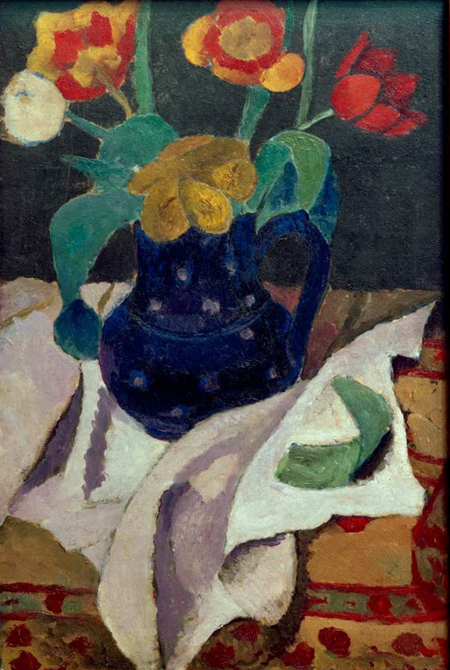 Kunstdruck von Stillleben mit Tulpen in blauem Topf von Paula Modersohn-Becker – farbenfrohes Blumenstillleben als hochwertiger Kunstdruck.