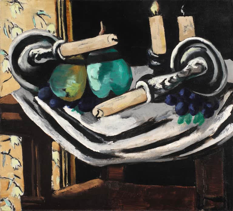 Kunstdruck „Stillleben mit gefallenen Kerzen“ von Max Beckmann mit Kerzen in einer expressiven Stillleben-Komposition

