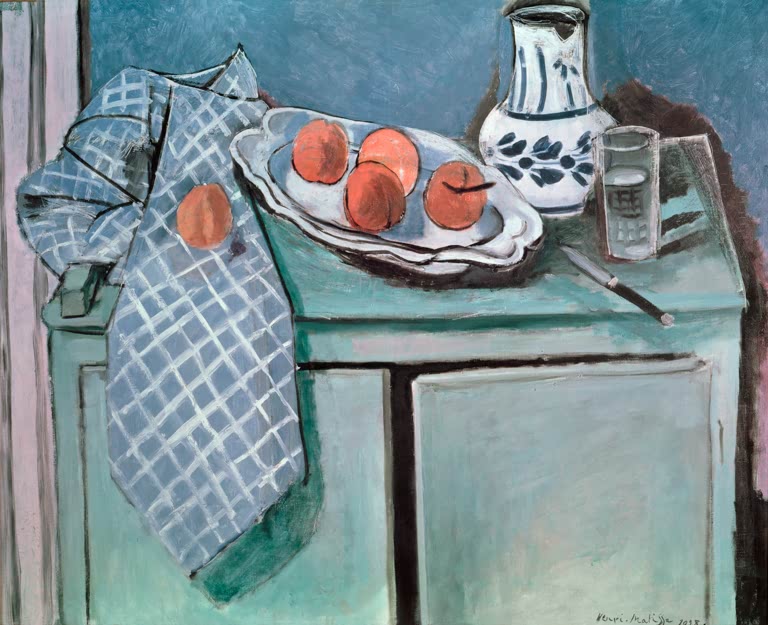 Kunstdruck des Gemäldes „Stillleben mit grünem Buffet“ von Henri Matisse, erhältlich als Leinwand oder Poster, optional gerahmt, in Deutschland von Hand gefertigt.