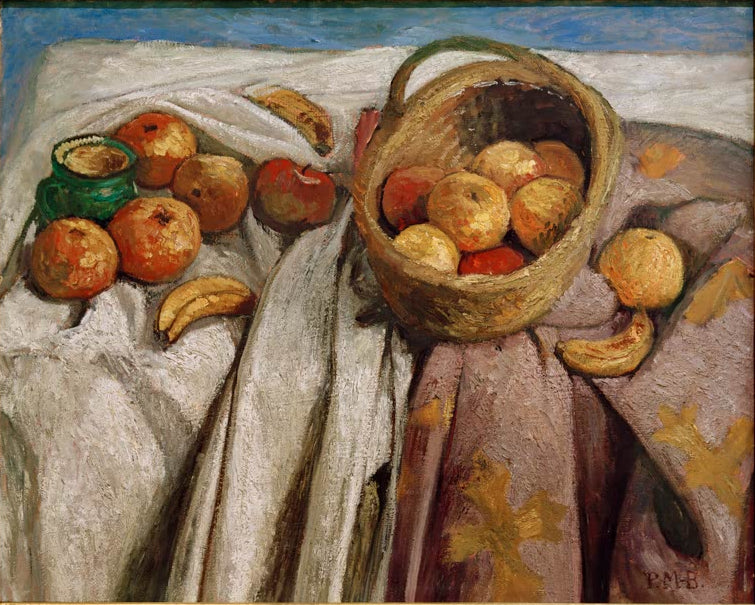 Kunstdruck von Stillleben mit Äpfeln und Bananen von Paula Modersohn-Becker – farbenfrohes Stillleben mit Früchten als hochwertiger Kunstdruck.