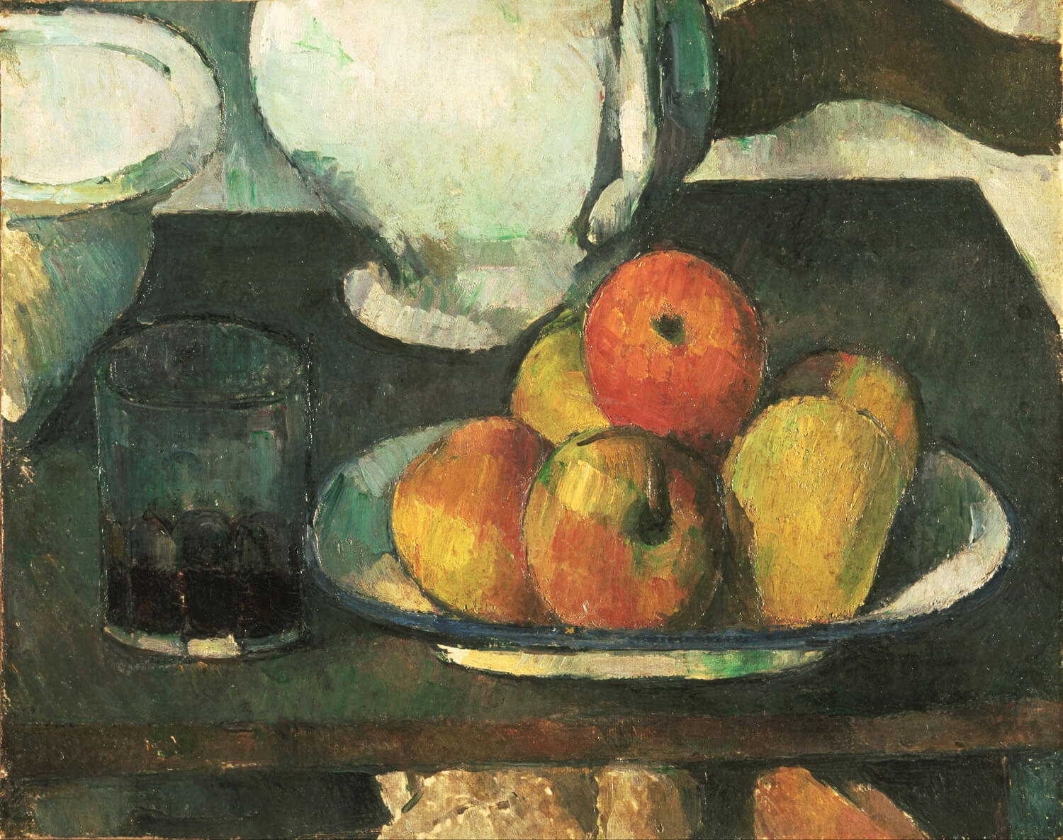Stillleben mit Äpfeln und einem Glas Wein von Paul Cézanne – ein postimpressionistisches Gemälde, das eine Anordnung von Äpfeln und ein Weinglas auf einem Tisch zeigt