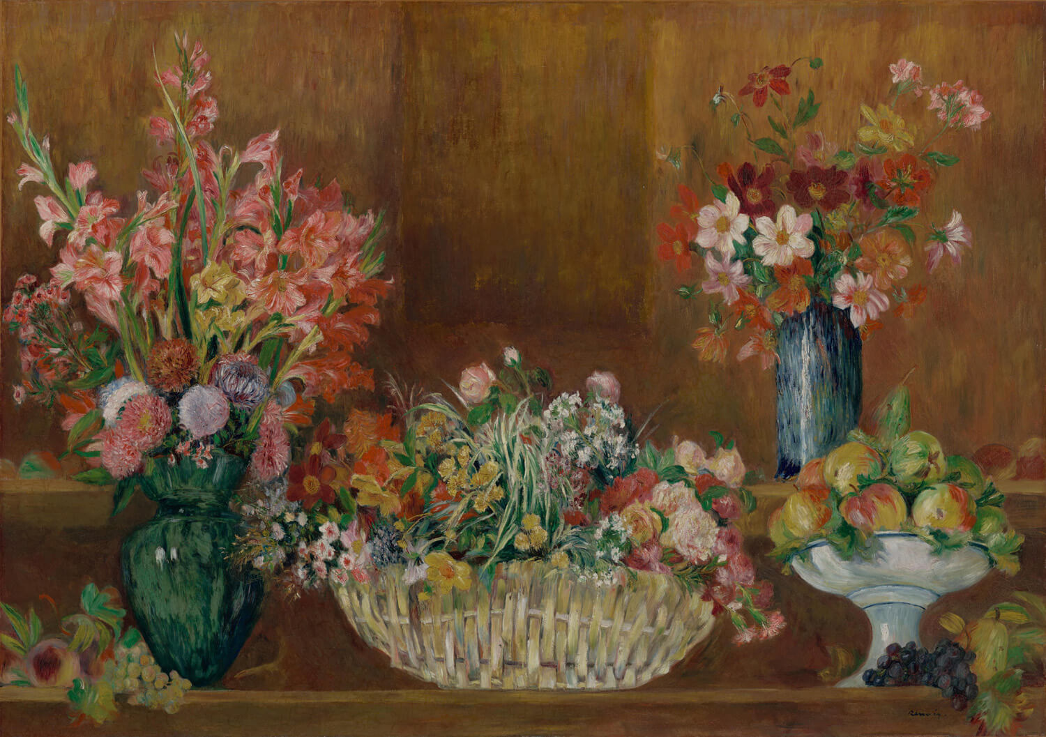 Das Gemälde „Stillleben mit Blumen und Früchten“ von Pierre-Auguste Renoir zeigt eine elegante Komposition von prächtigen Blumen und frischem Obst. Mit lebendigen Farben und weichen Pinselstrichen strahlt das Kunstwerk eine harmonische Atmosphäre aus und fängt die Schönheit des impressionistischen Stilllebens ein.