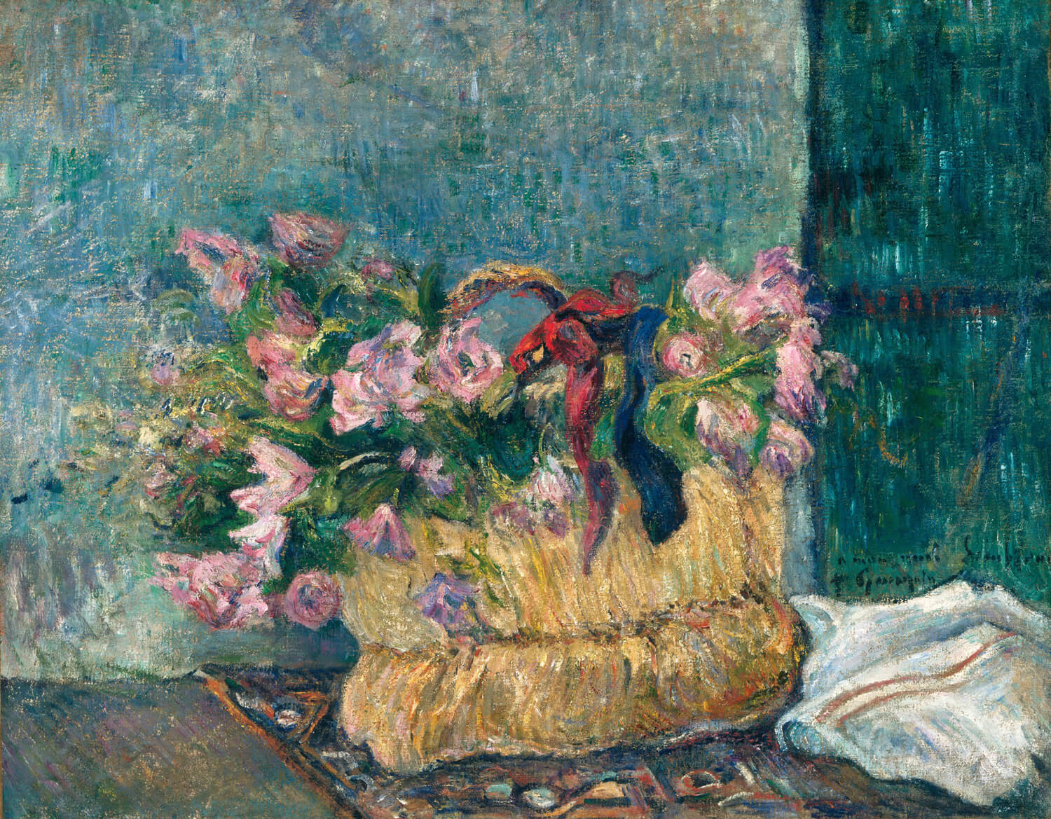 Stillleben mit leuchtend roten Moosrosen in einem Korb, dargestellt in warmen Farben und expressiver Pinselführung im postimpressionistischen Stil von Paul Gauguin.