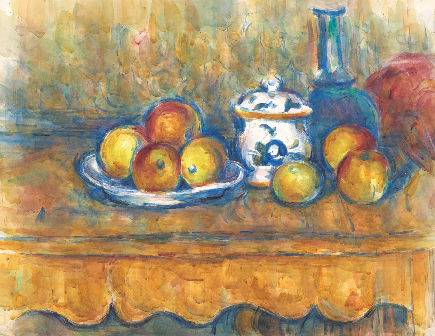 Das Gemälde Stillleben mit blauer Flasche, Zuckerdose und Äpfeln von Paul Cézanne zeigt eine sorgfältig arrangierte Komposition aus Obst, Geschirr und einer markanten blauen Flasche auf einem Tisch. Mit kräftigen Farben und dynamischen Pinselstrichen schafft Cézanne Tiefe und Struktur.