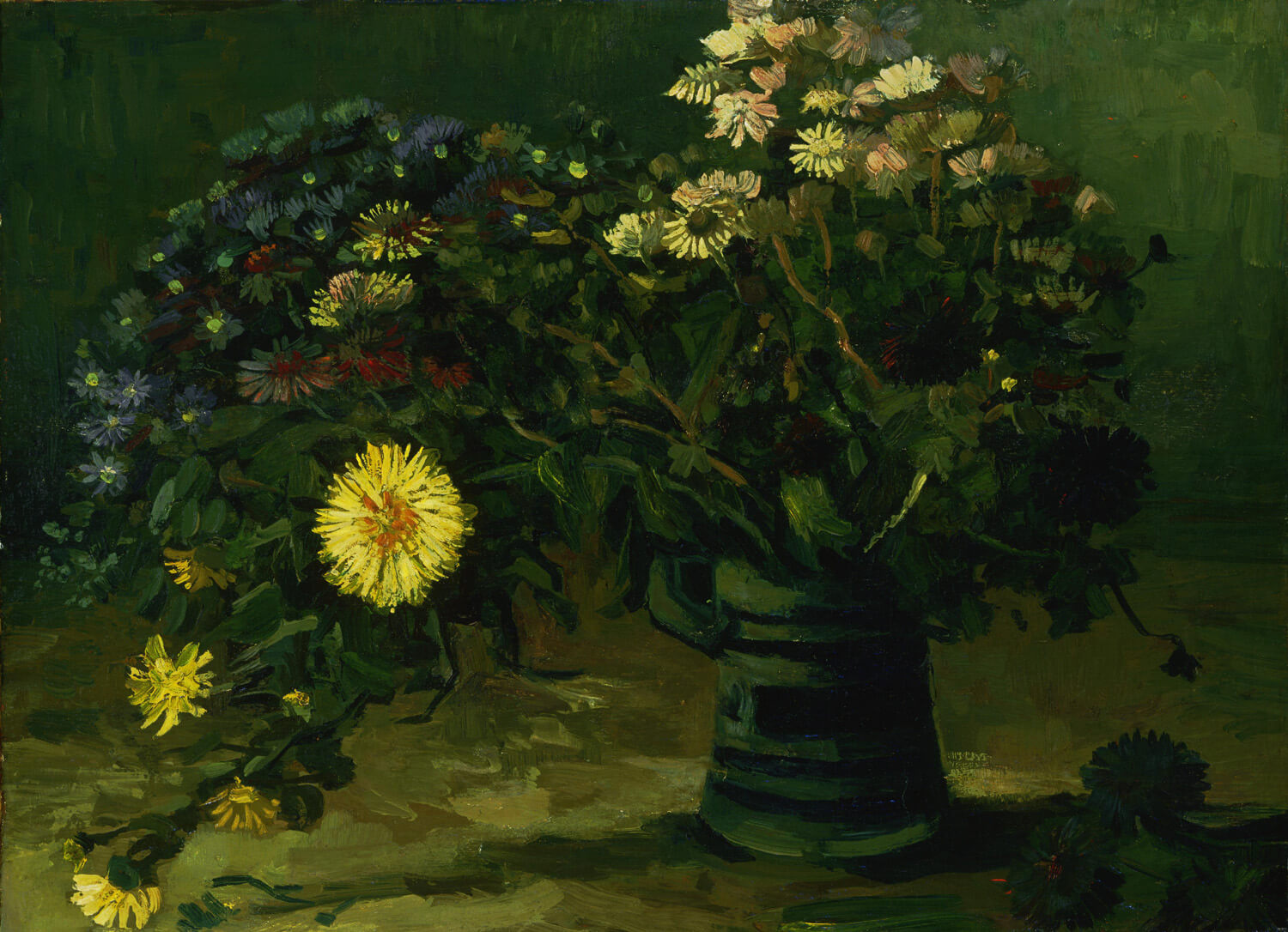 Stillleben von Vincent van Gogh mit einem Bouquet aus bunten Margeriten. Die kräftigen Pinselstriche und die lebendigen Farben verleihen den Blumen eine faszinierende Textur. Das Gemälde spiegelt Van Goghs meisterhafte Technik und seine Leidenschaft für die Darstellung der Natur wider.