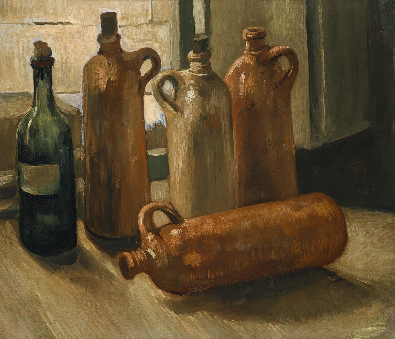 "Stillleben mit fünf Flaschen" von Vincent van Gogh zeigt eine dynamische Darstellung von Flaschen in kräftigen Farben und expressiven Pinselstrichen. Das Gemälde fängt die meisterhafte Technik und den einzigartigen Stil van Goghs ein, der für seine lebendigen Farbkombinationen und Detailtreue bekannt ist.