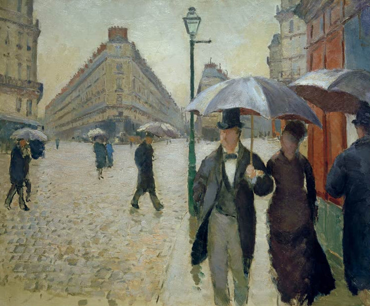 Kunstdruck von „Straße in Paris bei Regen“ von Gustave Caillebotte mit eleganten Passanten, Regenschirmen und nasser Pariser Straße