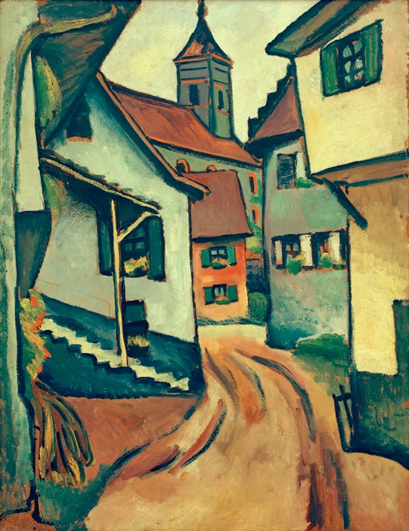 Kunstdruck des Gemäldes „Straße mit Kirche in Kandern“ von August Macke. Hochwertig in Deutschland von Hand gefertigt, erhältlich als Poster oder Leinwand und optional gerahmt.