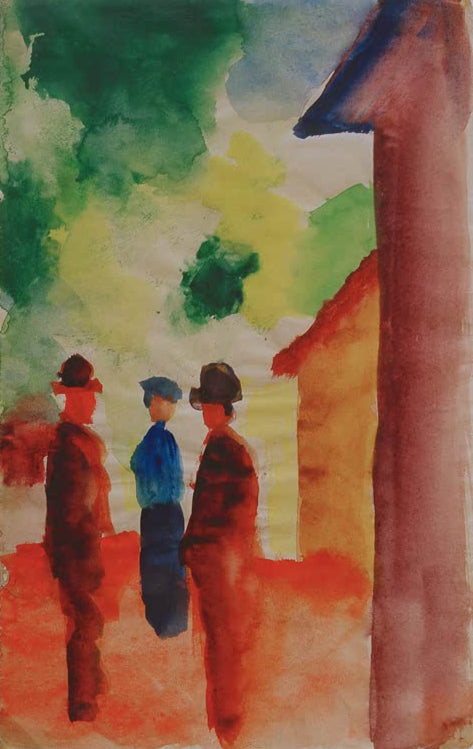 Kunstdruck des Gemäldes „Straße mit Leuten“ von August Macke. Hochwertig in Deutschland von Hand gefertigt, erhältlich als Poster oder Leinwand sowie optional gerahmt.
