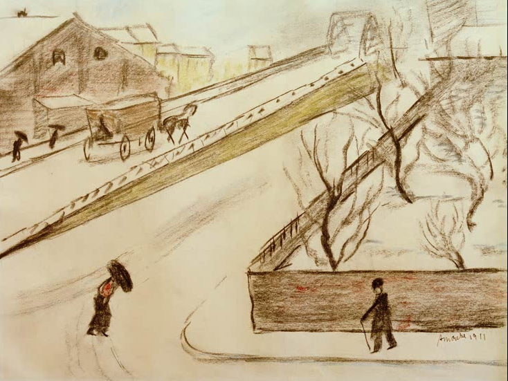 Kunstdruck des Gemäldes „Straßenecke im Schnee“ von August Macke. Hochwertig in Deutschland von Hand gefertigt, erhältlich als Leinwand oder Poster und optional gerahmt.