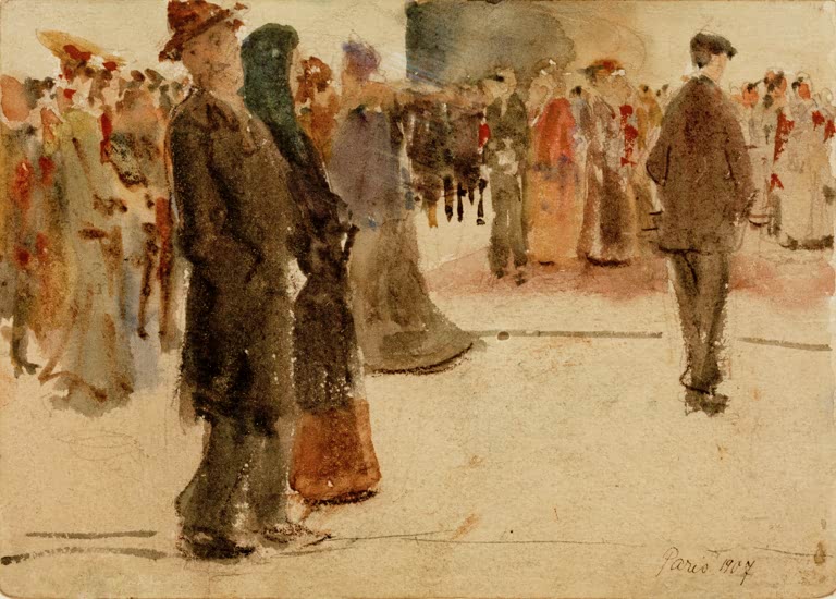 Kunstdruck des Gemäldes „Straßenszene aus Paris“ von August Macke. Hochwertig in Deutschland von Hand gefertigt, erhältlich als Poster oder Leinwand und optional gerahmt.
