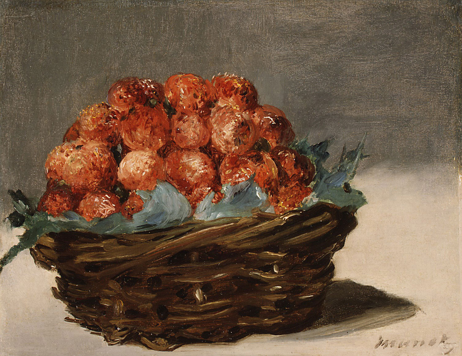 Édouard Manets „Strawberries“ zeigt einen Korb voller saftiger, roter Erdbeeren auf einer weißen Tischdecke. Die impressionistische Pinselführung verleiht den Früchten eine lebendige Textur, während das sanfte Lichtspiel die Frische und Natürlichkeit der Komposition betont.