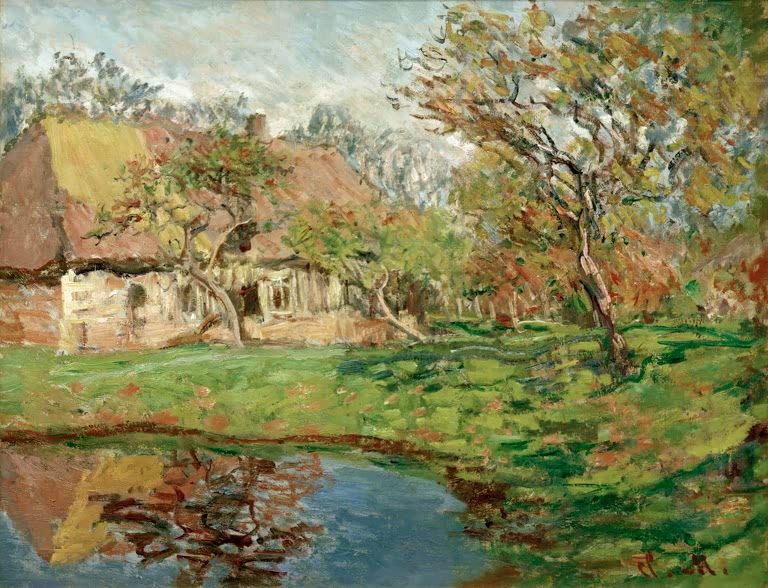Strohhaus in der Normandie von Claude Monet als Kunstdruck. Altes Strohhaus umgeben von Bäumen an einem See.