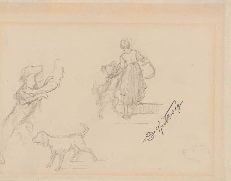 Kunstdruck „Studie einer Frau und eines Hundes“ von Carl Spitzweg mit Frau und Hund in feiner Alltagsszene