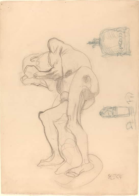 Kunstdruck von „Studie einer nackten alten Frau mit geballten Fäusten und zwei dekorativen Objekten“ von Gustav Klimt mit ausdrucksstarker Figurenstudie und detailreicher Linienführung. In Deutschland von Hand gefertigt.