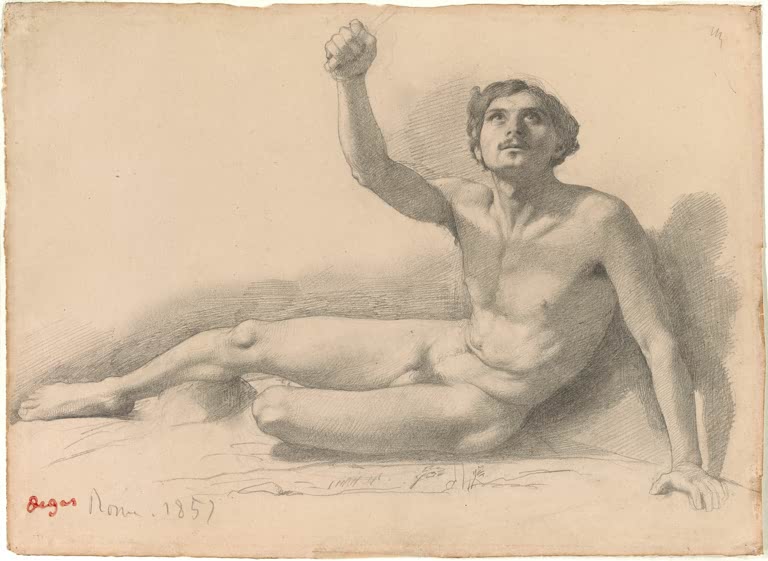 Kunstdruck von Studie eines männlichen Aktes von Edgar Degas mit einer anatomischen Aktstudie in ausdrucksstarker Zeichnung und Malweise.