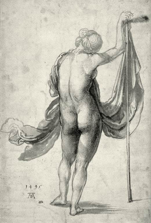 Kunstdruck von „Studie eines weiblichen Rückenakts mit Draperie und Stab“ von Albrecht Dürer. Detailreiche Aktstudie der Renaissance mit präziser Linienführung, in Deutschland handgefertigt.