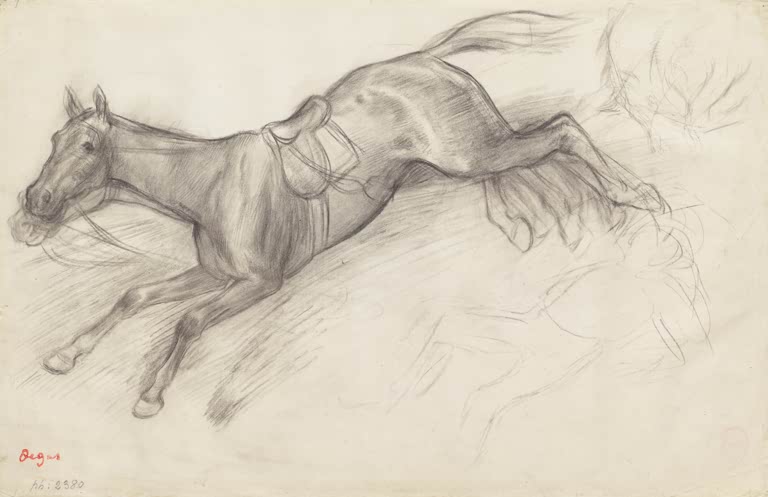 Kunstdruck der Studie für Szene vom Steeplechase: Der gestürzte Jockey von Edgar Degas mit einem gestürzten Jockey und Pferden bei einem Hindernisrennen.