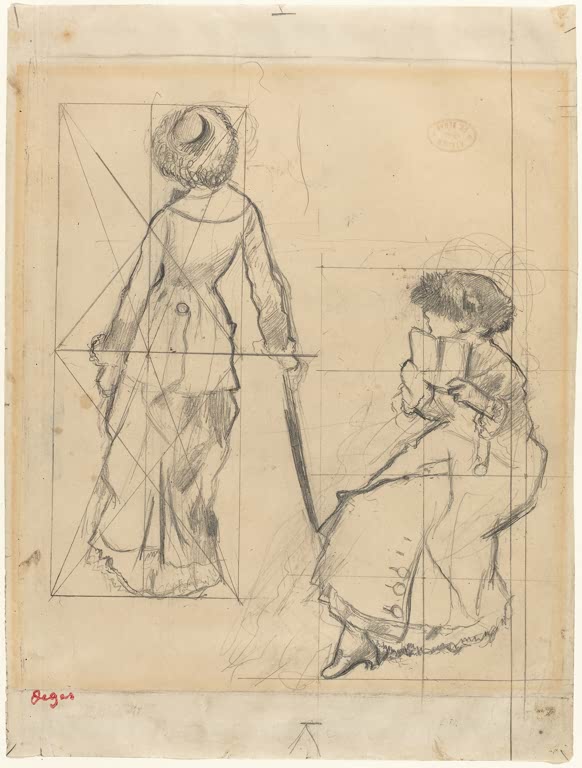 Kunstdruck der „Studie zu ‚Mary Cassatt im Louvre‘ [Recto]“ von Edgar Degas, detailreich reproduziert und in Deutschland von Hand gefertigt.