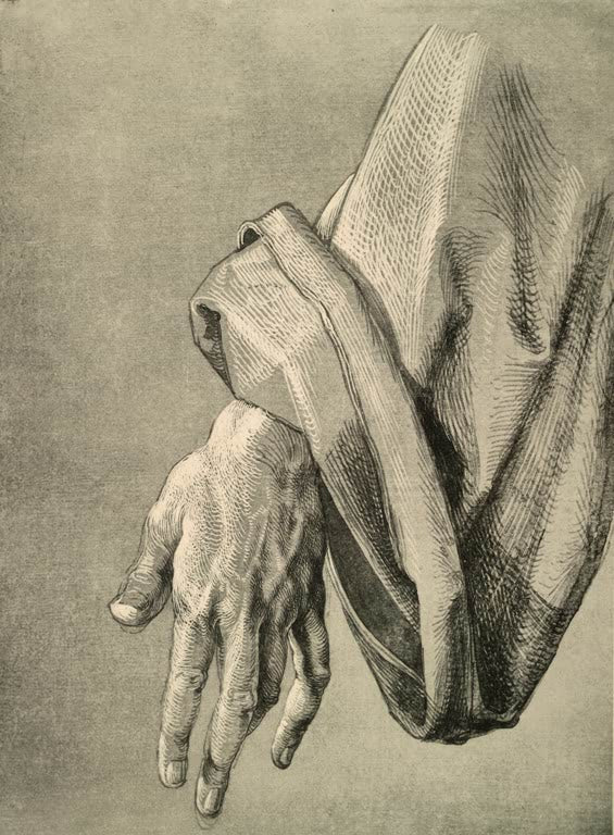 Kunstdruck von „Studie zur linken Hand eines Apostels“ von Albrecht Dürer. Detailreiche Handstudie aus der Renaissance mit präziser Linienführung, in Deutschland handgefertigt.