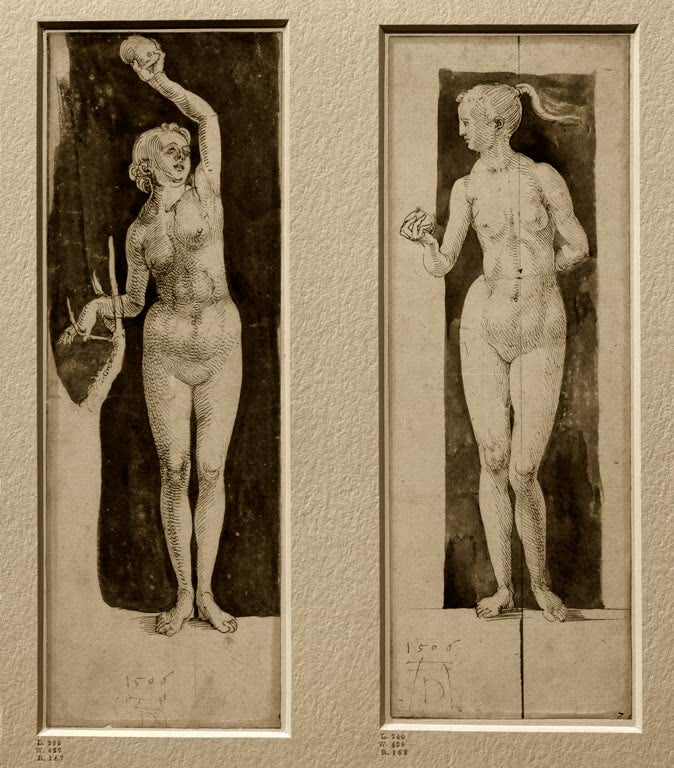 Kunstdruck von „Studien für die Figur der Eva mit der Frucht in der erhobenen Hand (recto)“ von Albrecht Dürer. Detailreiche Figurenstudie der Renaissance, in Deutschland handgefertigt.