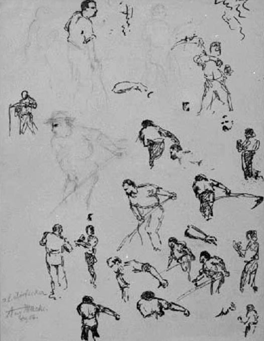 Kunstdruck des Gemäldes „Studienblatt mit mähenden Bauern“ von August Macke. Hochwertig in Deutschland von Hand gefertigt, erhältlich als Leinwand oder Poster und optional gerahmt.