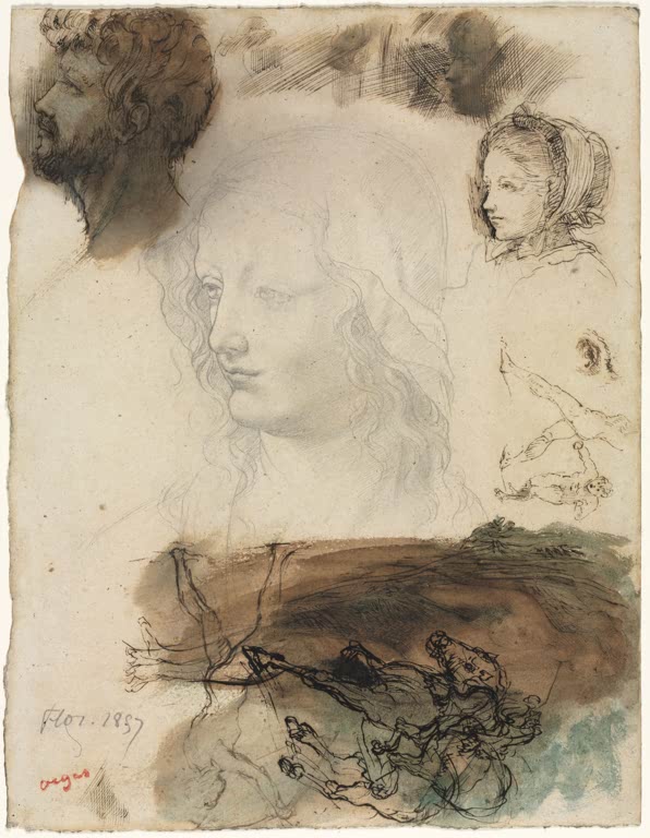Kunstdruck des Gemäldes Studienblatt und Skizzen von Edgar Degas mit verschiedenen künstlerischen Studien und Zeichnungen.