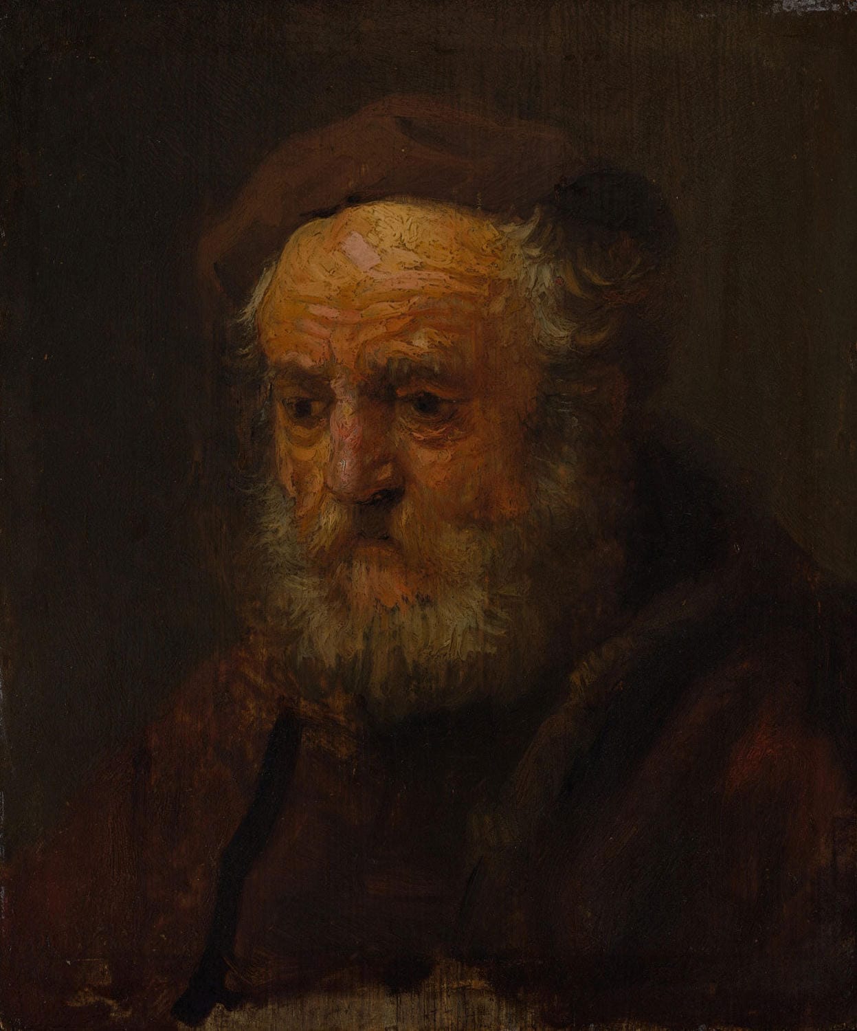 Studie eines alten Mannes, gemalt von Rembrandt van Rijn, zeigt das Portrait eines alten Mannes in sanften Brauntönen und Grau, mit starkem Licht-Schatten-Spiel, das seine Gesichtszüge und Ausdruckskraft betont.