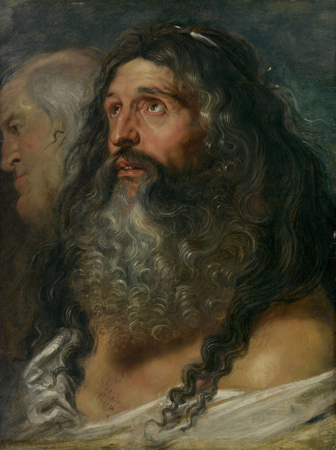 Die Zeichnung „Studie von zwei Köpfen“ zeigt zwei präzise skizzierte Köpfe, die Rubens' meisterhafte Fähigkeit zur Darstellung von Mimik und anatomischer Genauigkeit widerspiegeln.