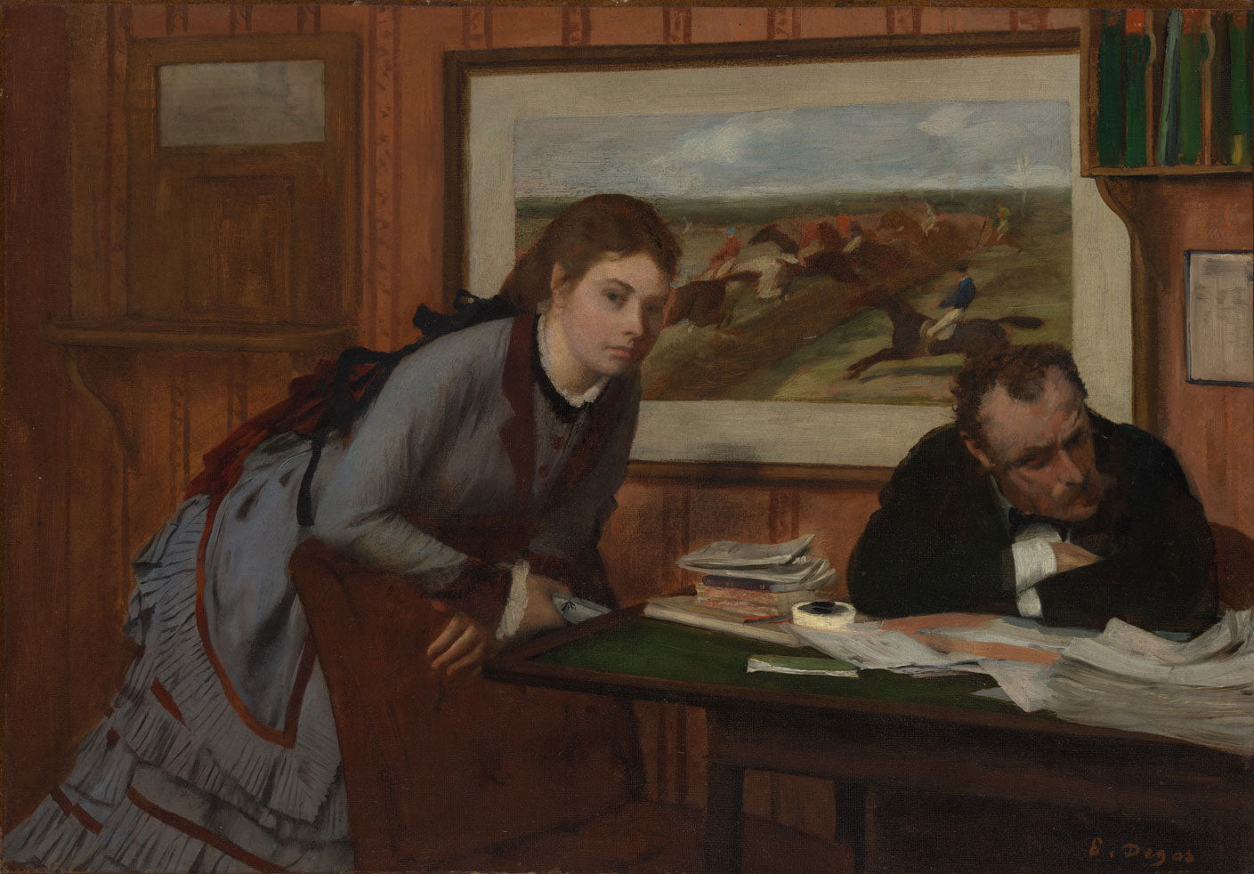 Das Gemälde „Schmollen“ von Edgar Degas zeigt eine junge Frau in einer nachdenklichen Pose, umgeben von einem detailreich dargestellten Raum, der an die Werke von James Tissot erinnert. Die subtile Darstellung von Emotionen und die meisterhafte Ausführung machen es zu einem faszinierenden Kunstwerk.