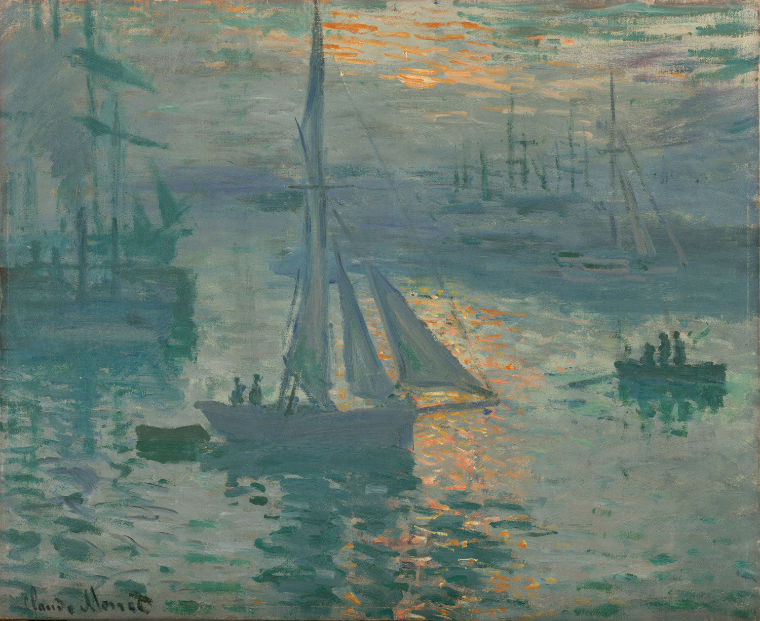 Sonnenaufgang (Marine) von Claude Monet: Hafenlandschaft von Le Havre im morgendlichen Dunst mit orangefarbener Sonne und ruhigem Wasser im impressionistischen Stil.