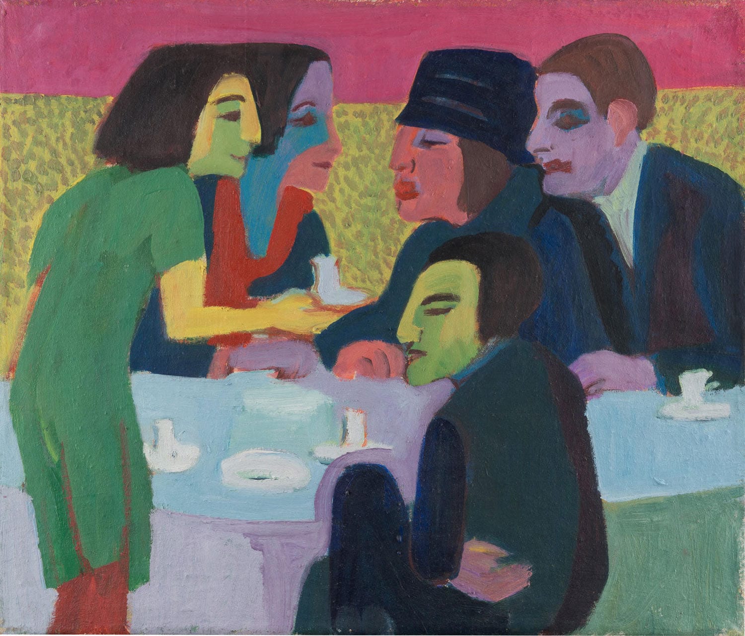 Expressionistisches Gemälde „Szene im Café“ von Ernst Ludwig Kirchner mit dynamischen Pinselstrichen, leuchtenden Farben und einer lebhaften Café-Atmosphäre im frühen 20. Jahrhundert.