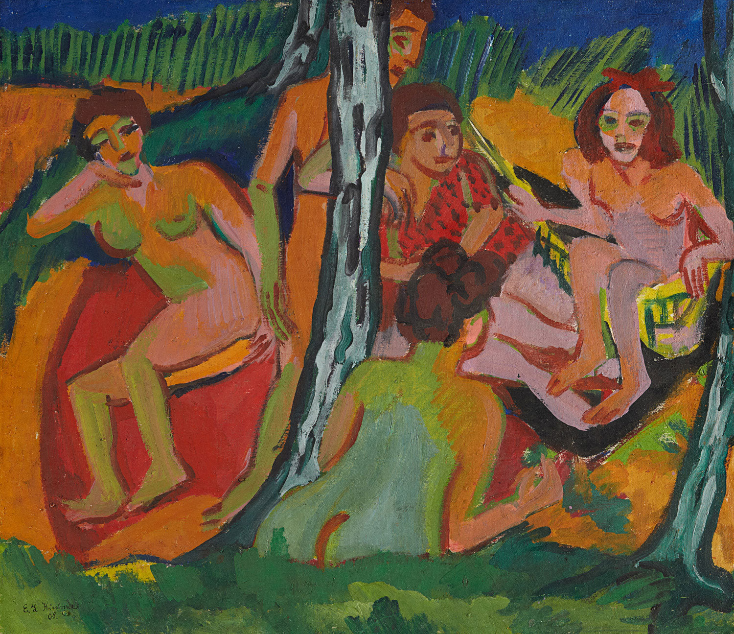 Szene im Wald (Moritzburger Teiche) von Ernst Ludwig Kirchner, expressionistisches Gemälde, das eine lebendige Waldbildszene mit geometrischen Formen und intensiven Farben darstellt. Es zeigt eine Gruppe von Figuren im Wald vor den Moritzburger Teichen, wobei die kräftigen Pinselstriche und verzerrten Formen eine emotionale, fast mystische Atmosphäre schaffen.